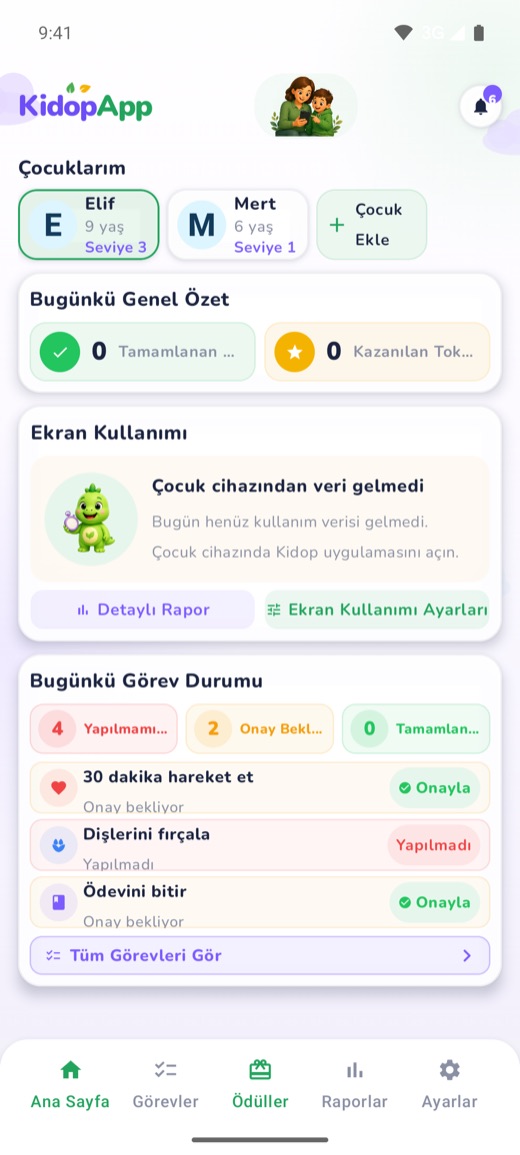 KidopApp ana ekranı: çocuk profilleri, günün özeti ve görev durumu