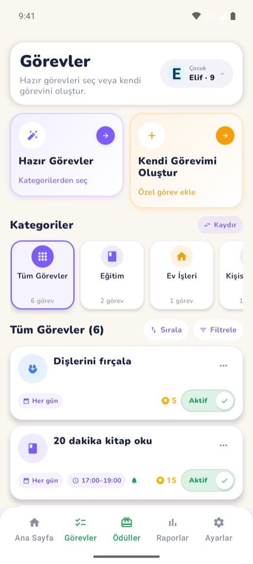 Görevler ekranı: hazır görevler, kategoriler ve günlük görev listesi